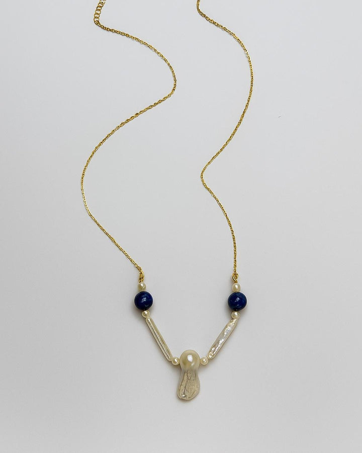 Lapis Lazuli ve İnci Kolye, Mavi Doğal Taşlı Kolye, Feather & Pearl Collection: No:1