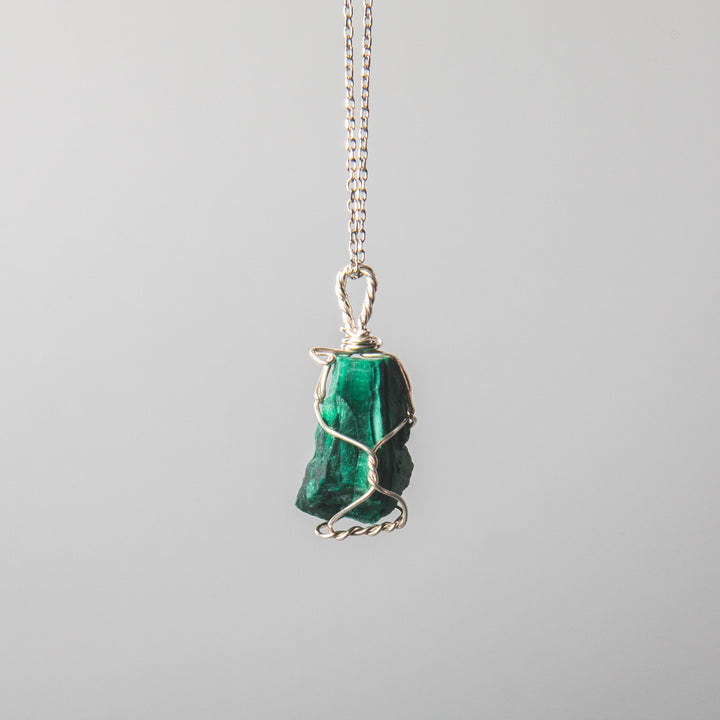 Rough malachite necklace, wire wrapped green stone pendant, raw crystal jewelry, 925 sterling silver chain, natural gemstone necklace, handcrafted gemstone jewelry