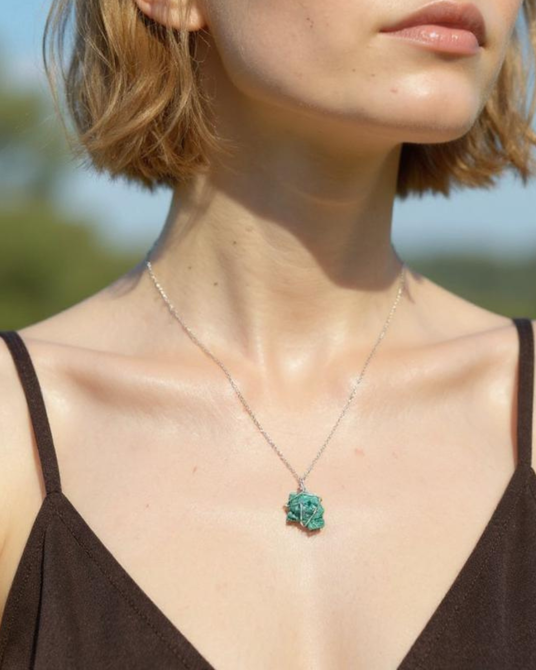 Rough malachite necklace, wire wrapped green stone pendant, raw crystal jewelry, 925 sterling silver chain, natural gemstone necklace, handcrafted gemstone jewelry