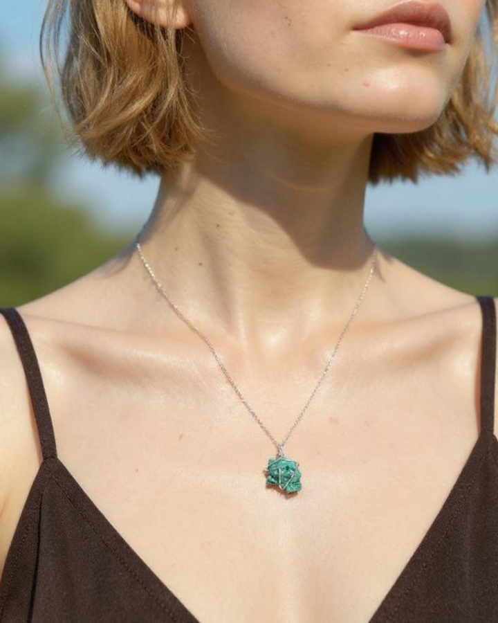 Rough malachite necklace, wire wrapped green stone pendant, raw crystal jewelry, 925 sterling silver chain, natural gemstone necklace, handcrafted gemstone jewelry