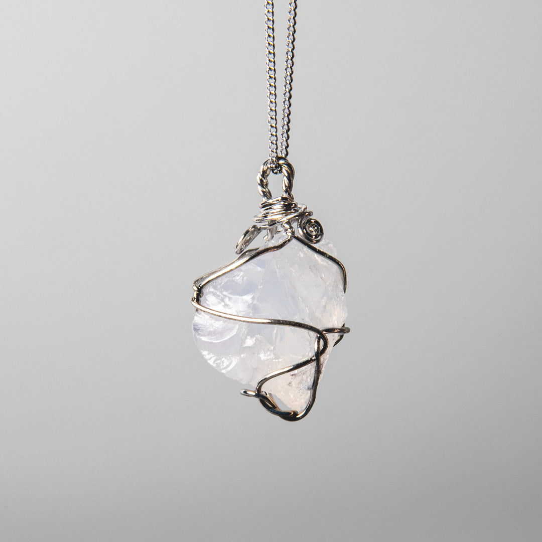 Rough moonstone necklace, wire wrapped white stone pendant, raw crystal jewelry, 925 sterling silver chain, natural gemstone necklace, handcrafted gemstone jewelry