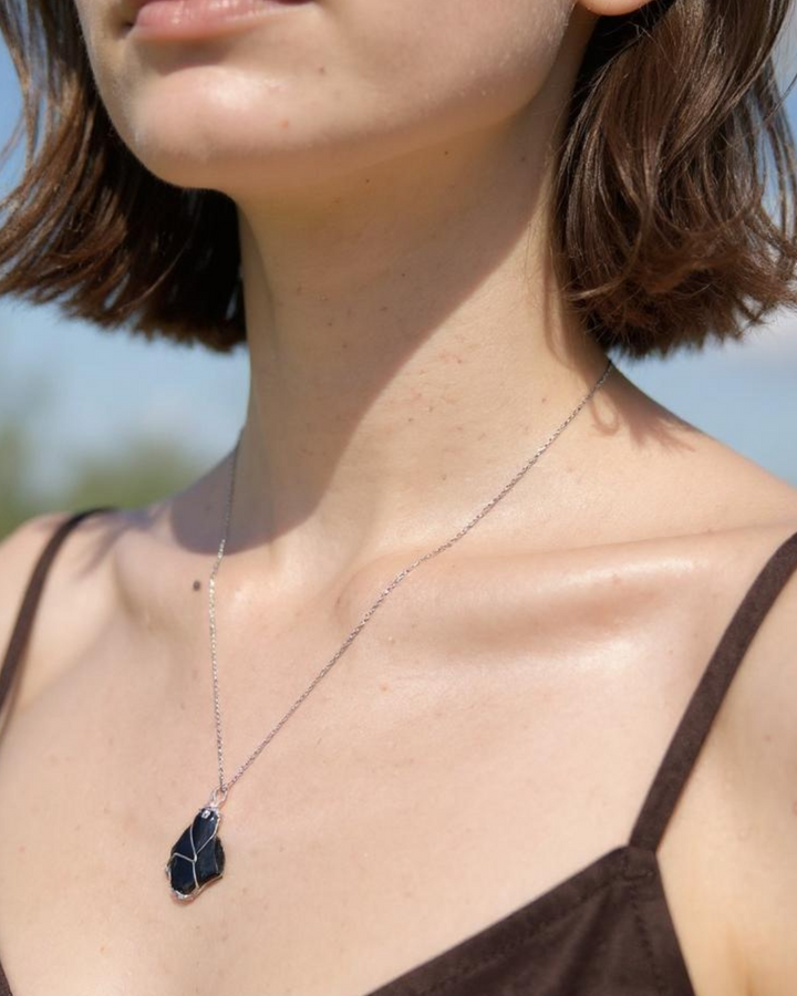 Rough obsidian necklace, wire wrapped black stone pendant, raw crystal jewelry, 925 sterling silver chain, natural gemstone necklace, handcrafted gemstone jewelry