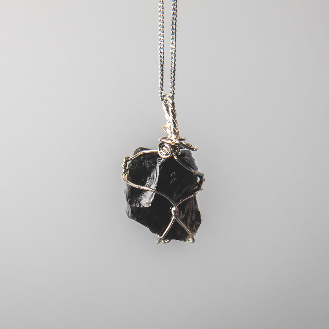 Rough obsidian necklace, wire wrapped black stone pendant, raw crystal jewelry, 925 sterling silver chain, natural gemstone necklace, handcrafted gemstone jewelry
