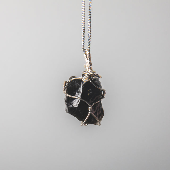 Rough obsidian necklace, wire wrapped black stone pendant, raw crystal jewelry, 925 sterling silver chain, natural gemstone necklace, handcrafted gemstone jewelry