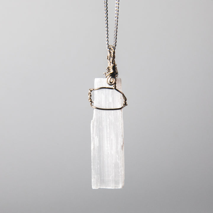 Rough selenite necklace, wire wrapped white stone pendant, raw crystal jewelry, 925 sterling silver chain, natural gemstone necklace, handcrafted gemstone jewelry