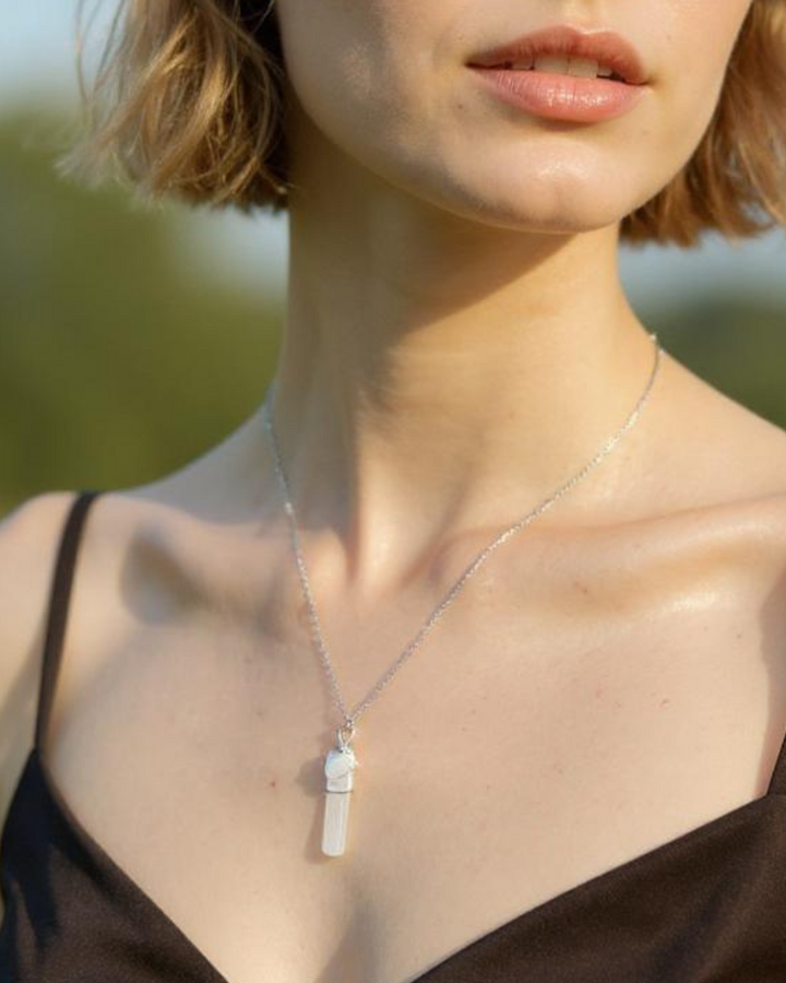 Rough selenite necklace, wire wrapped white stone pendant, raw crystal jewelry, 925 sterling silver chain, natural gemstone necklace, handcrafted gemstone jewelry