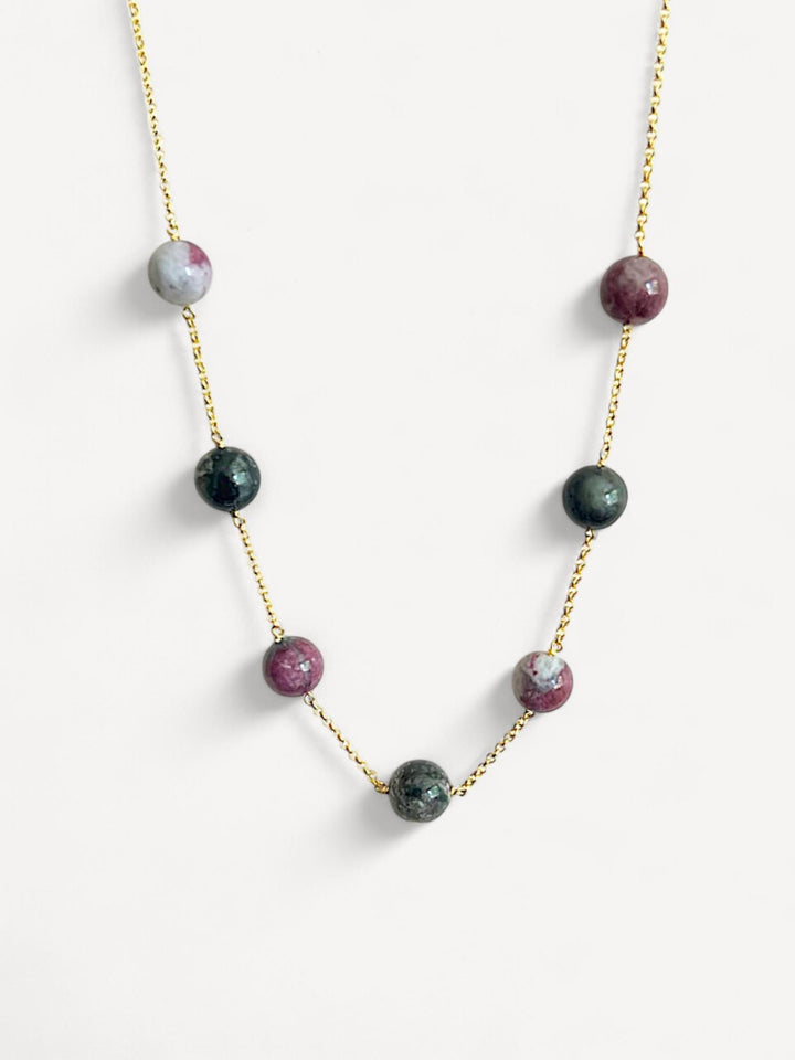 Tourmaline Necklace | 14K Gold Plated Sterling Silver | 8mm Beaded Gemstone Jewelry | Minimal Natural Gemstone Jewelry