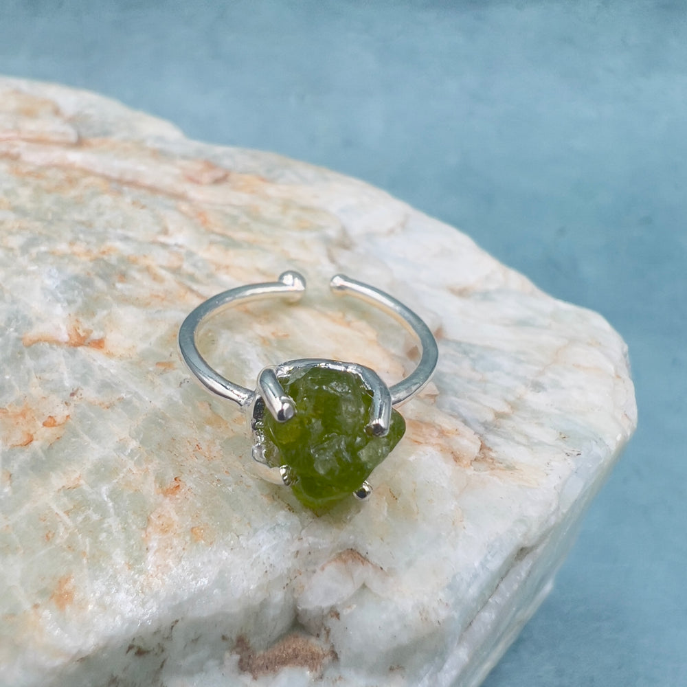 Raw Peridot Adjustable Ring w 925 Sterling Silver